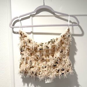 Zara Ecru Frayed Sequin Top